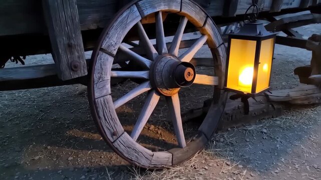 Aged wooden wagon wheel and lantern