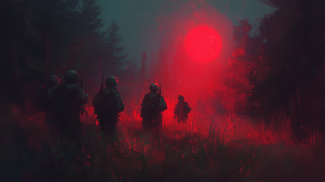 The horror night with the group of soldiers walking in the dark woods