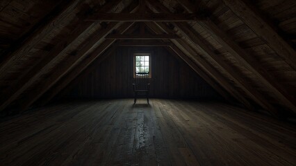 Standing wooden rocking chair under small window catching beam of light in attic, with floorboards