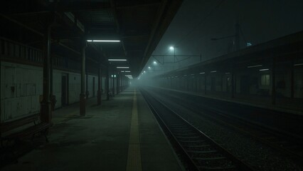 Featuring empty station platform at night under canopy, with yellow tactile safety strip and tracks