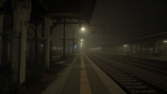Glowing lampposts casting dim light on misty railway station platform at night, with metal bench