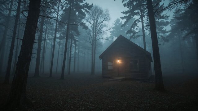 Casting warm glow from amber lamp, wooden cabin standing in foggy pine forest, copy space