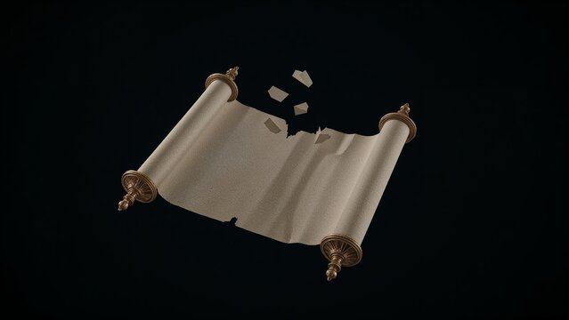 Floating ancient parchment scroll revealing torn fragments in black void, showing gold rods - Powered by Adobe