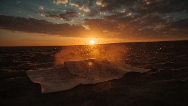 Golden sunset light bathing scattered book pages on beach at dusk, with drifting sand particles