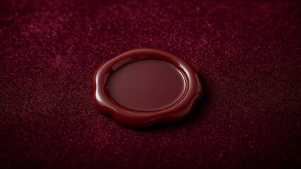 Resting circular red wax seal sparkling on dark red velvet fabric, with glossy irregular rim