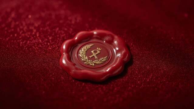 Highlighting red wax seal with scalloped edges on red velvet surface, with gold embossed emblem - Powered by Adobe