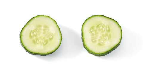 Slices of cucumber isolated on white background. Top view.