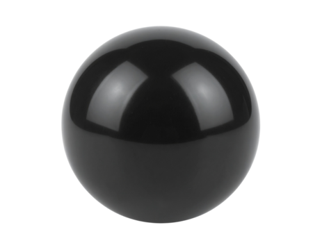 A single glossy black sphere with a smooth polished surface and specular highlights.