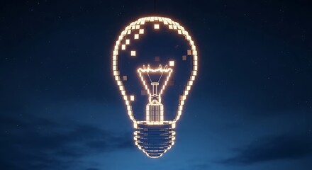 Digital idea: Light bulb illuminated with pixelated design against starry sky