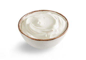 Sour cream or yogurt in white bowl isolated on white background