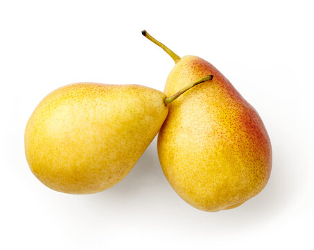 Two whole fresh pears isolated on white background. Top view. - Powered by Adobe