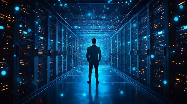Man standing in server room with glowing lights and data racks in a futuristic design