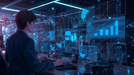 Monitoring analyst in suit scanning hologram charts in control room, with coffee mug, copy space