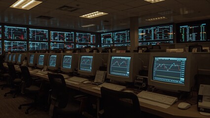 Displaying CRT monitors and desks showing stock charts in trading office, with wall-mounted screens