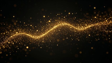 Streaming glowing particle wave across dark digital background, with golden bokeh orbs
