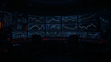 Curved array of financial-data monitors glowing in dim trading room, with keyboards mice cables