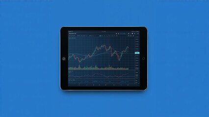 Displaying tablet showing Bitcoin BTC or USD candlestick chart on blue surface, with indicators