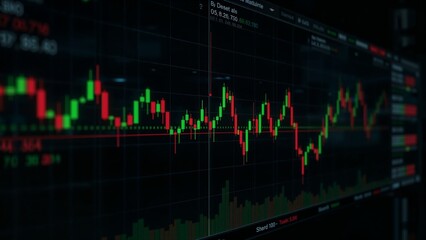 Displaying computer monitor showing trading platform at workstation, with candlestick chart