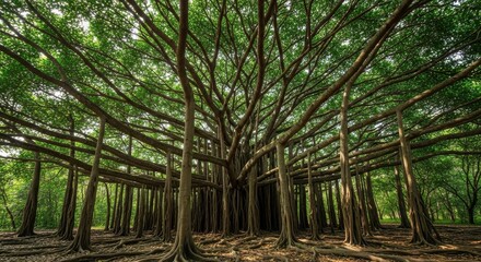 Majestic banyan tree canopy creates a natural cathedral in a lush green forest landscape