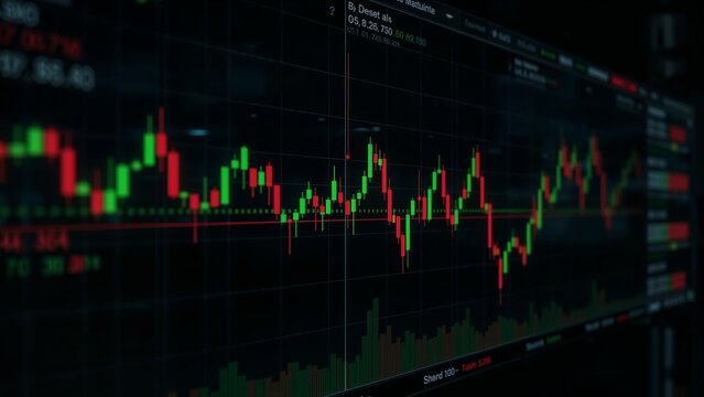 Displaying computer monitor showing trading platform at workstation, with candlestick chart