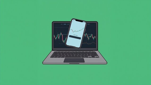 Showing flat-style laptop and smartphone displaying stock charts on bright green background - Powered by Adobe