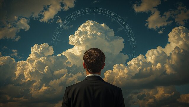 Surveying adult man wearing business suit standing under towering clouds, with navigational overlay