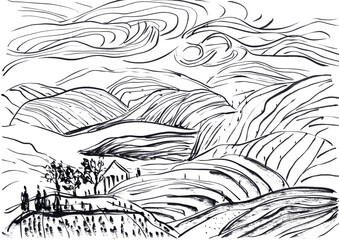Abstract Ink Landscape Drawing of Hills, Sky, and Countryside Scene in Black and White