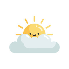 A cute illustration of a smiling sun peeking out from behind fluffy clouds.