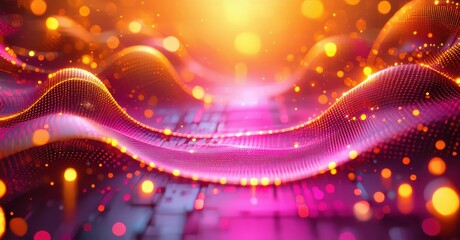 Abstract vibrant waves, glowing particles, digital landscape. Orange, pink hues create futuristic visual experience.