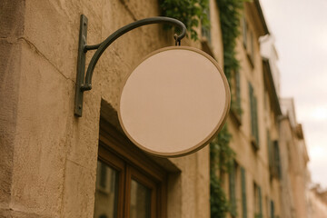 Hanging circular blank sign from curved metal bracket on historic street with beige stone wall