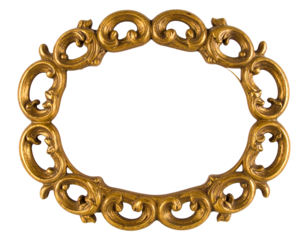 Ornate oval picture frame with intricate golden rococo scrollwork and openwork details.