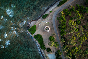 Drone aerial view of the Torre di Cala d'Ostia, a historical nur