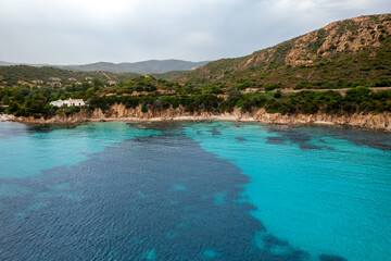Obraz premium Drone aerial view of Tuerredda beach in Sardinia, Italy