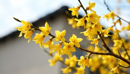 Obraz premium Vibrant yellow flowers blooming against a rustic background nature photography springtime serenity