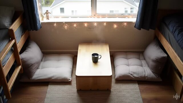 Cozy Dorm Room Nook with Tea and Floor Cushions
