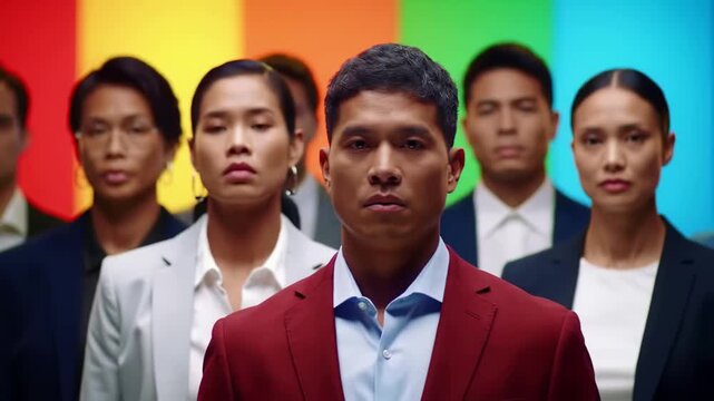 Diverse group of serious asian business people standing together in front of an lgbtq pride flag, powerful cinematic style
