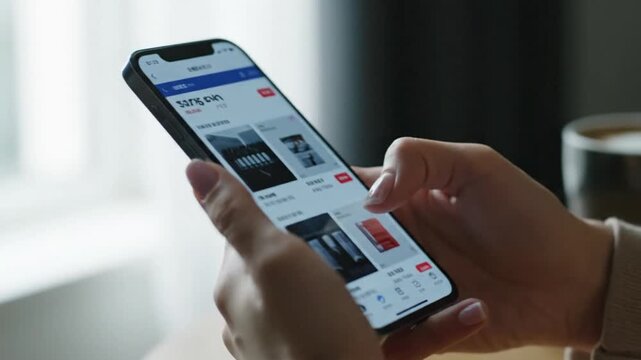 Close up hands using smartphone social media feed