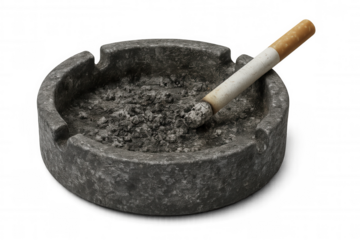 Smoldering cigarette balanced on overflowing ashtray, revealing tobacco addiction against isolated background