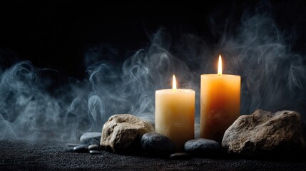 Two candles burning, surrounded by stones and smoke