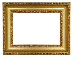 Ornate antique gold picture frame with intricate floral and leaf pattern carvings.