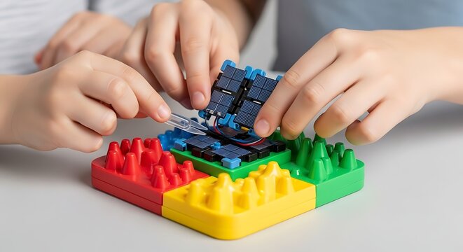 Children assembling a colorful toy brick structure together. 