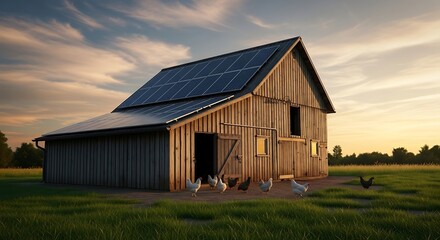 Fototapeta premium Barn with solar panel and chickens in the field. 