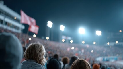 Fans cheer at a lively nighttime sports event in a packed stadium with bright lights and waving flags