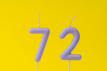 Candle number 72 - Birthday with yellow