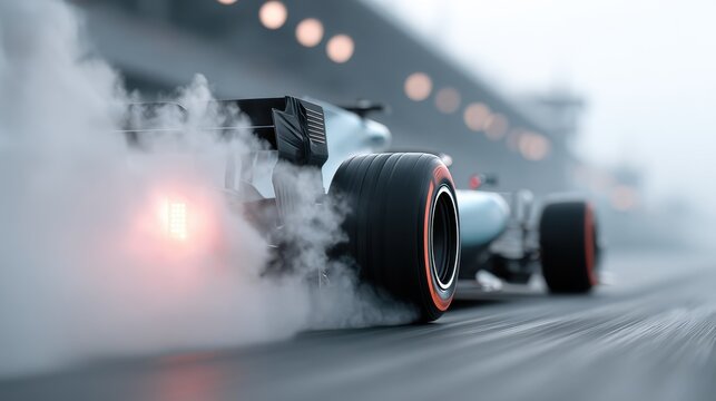 Race car speeds down track releasing smoke in an intense moment of competition at a motorsports event