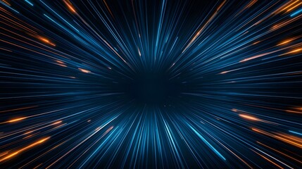 This image shows a burst of straight glowing lines emanating from a central point in a dark background, with a mix of blue cool tones and orange warm tones, suggesting speed or light trails.