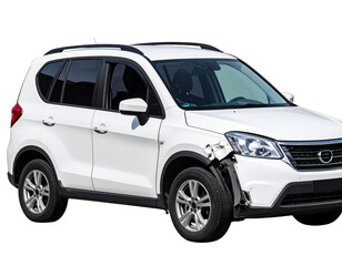  Side Profile of Wrecked White SUV with Severe Body Damage, isolated on transparent background PNG