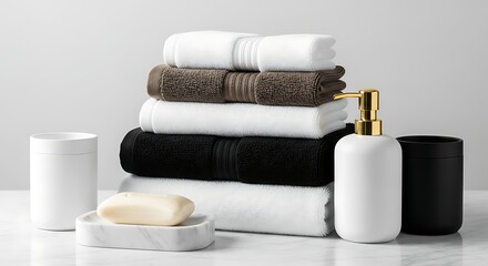 Elegant bathroom arrangement featuring a stack of towels and bathroom essentials