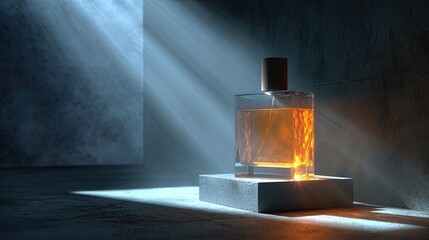 Amber perfume bottle on podium, dramatic lighting, concrete room