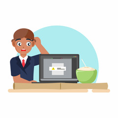 Digital Dilemma: A frustrated individual faces a tech issue, a laptop screen error, paired with a refreshing coconut.